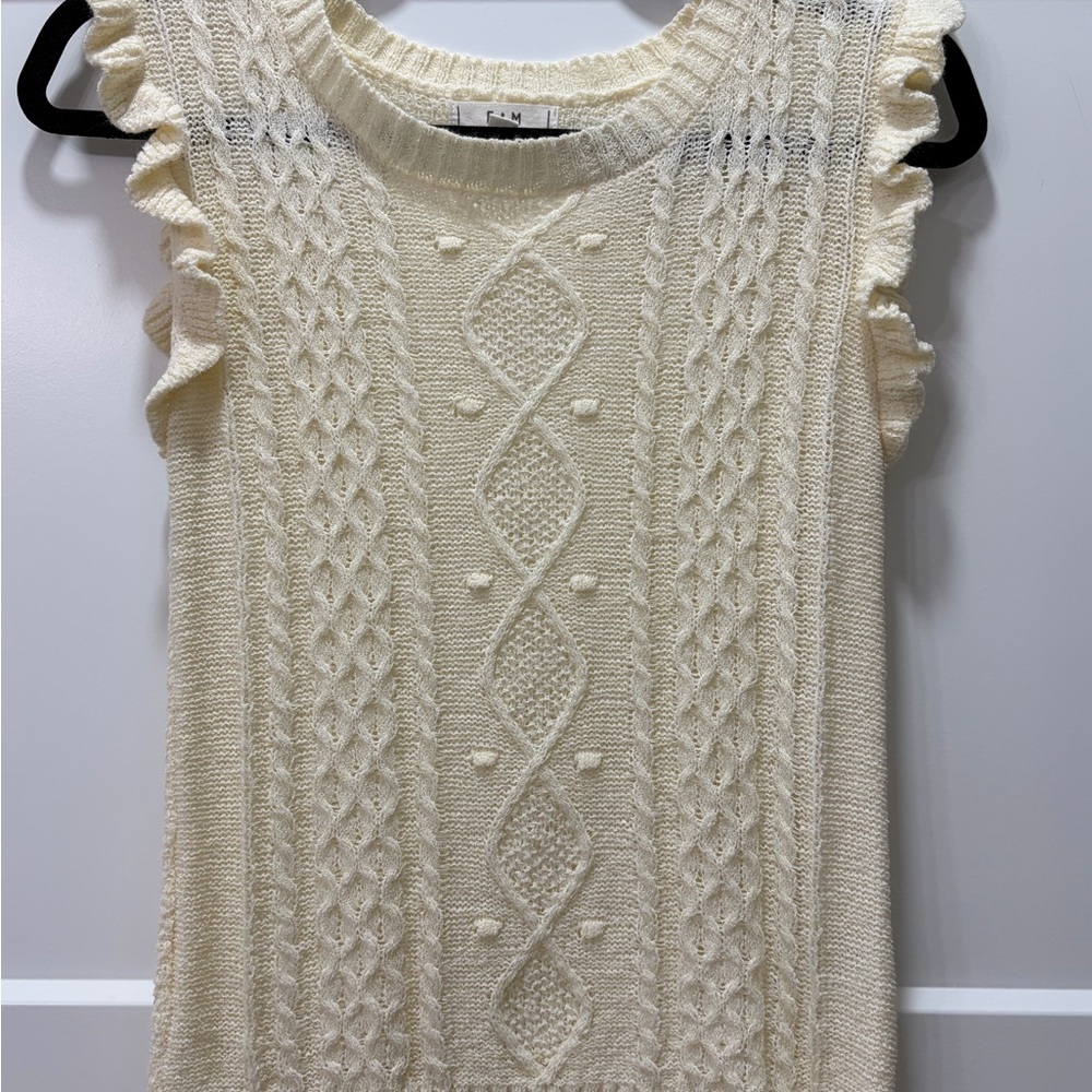 E & M  Cozy Comfy Chic Western Staple Cream Knit Sleeveless Ruffle Top. Size M